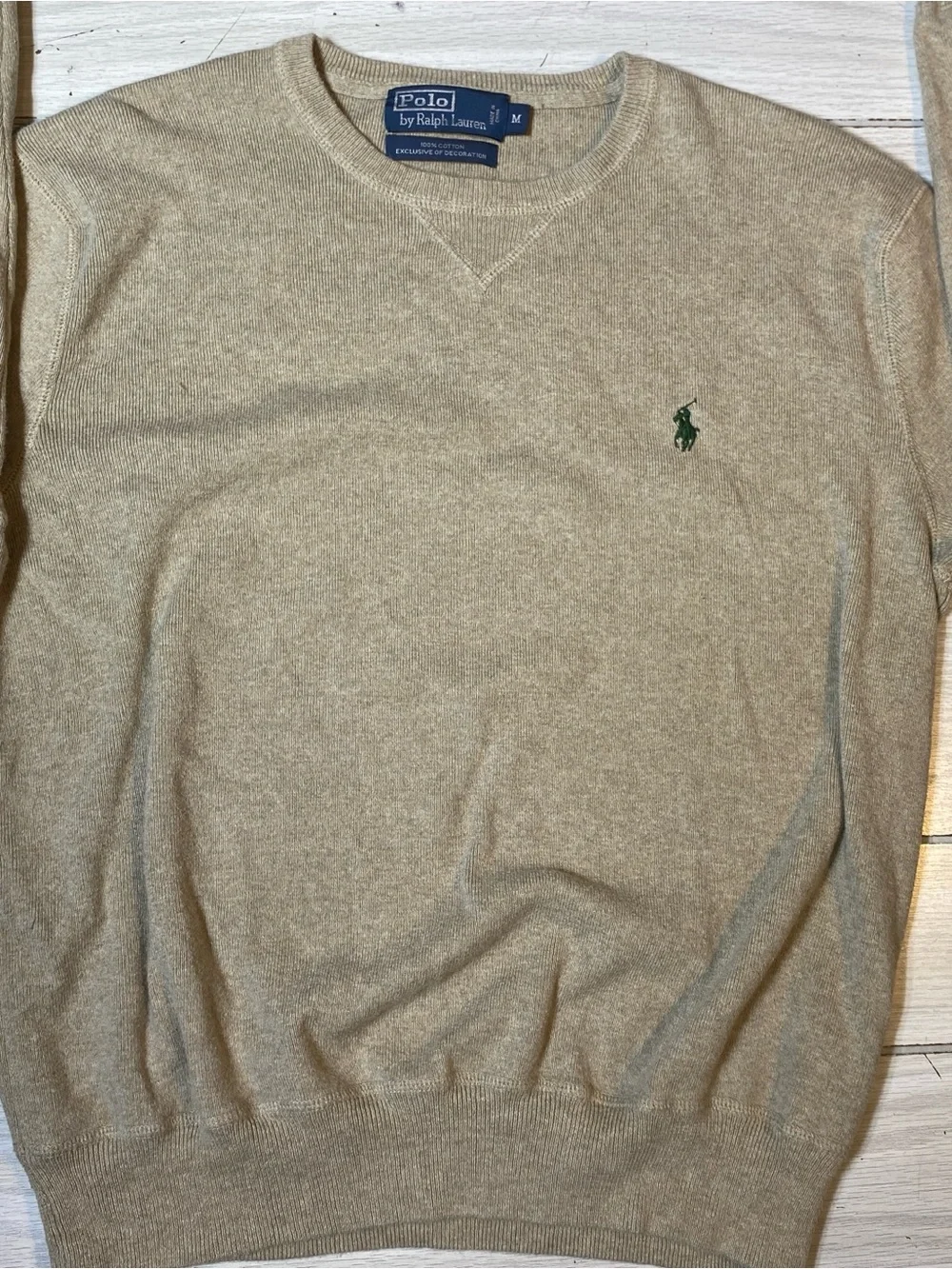 Polo Ralph Lauren M Crewneck Sweater Beige Tan 100% Cotton Green Knit